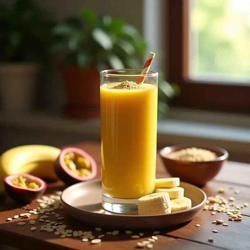 Vaso alto transparente con batido de maracuyá y avena, decorado con semillas de linaza y rodajas de plátano, sobre fondo rústico de madera con ingredientes alrededor.