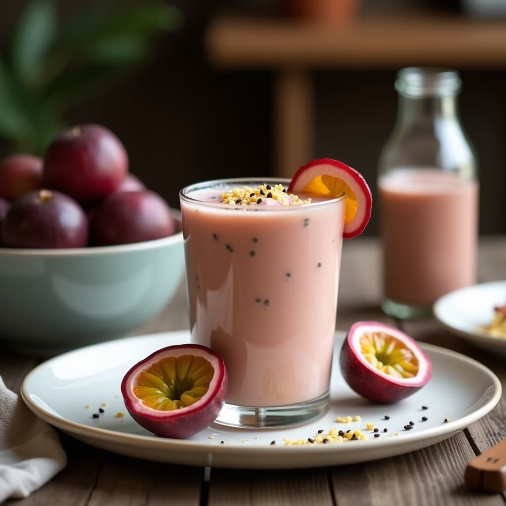 Vaso alto transparente con Batido de Maracuyá y Coco con Semillas de Amapola, bebida colombiana keto sin azúcar, decorado con semillas de amapola y canela en polvo, sobre una mesa de madera rústica con fondos de hojas tropicales.