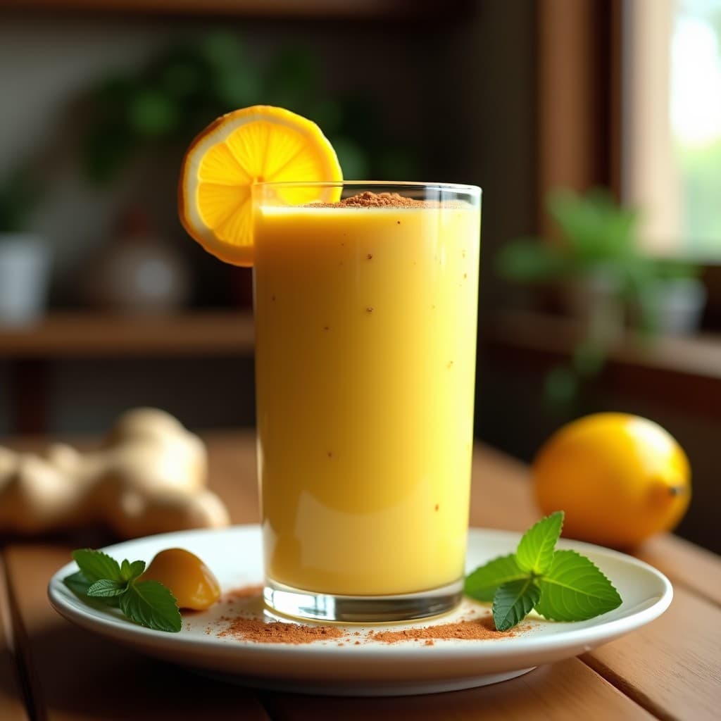 Vaso alto transparente con batido de maracuyá y leche de soja con jengibre, decorado con semillas de chía y canela en polvo, servido sobre una mesa de madera con ingredientes al fondo: maracuyás abiertos, jengibre fresco y una botella de leche de soja.