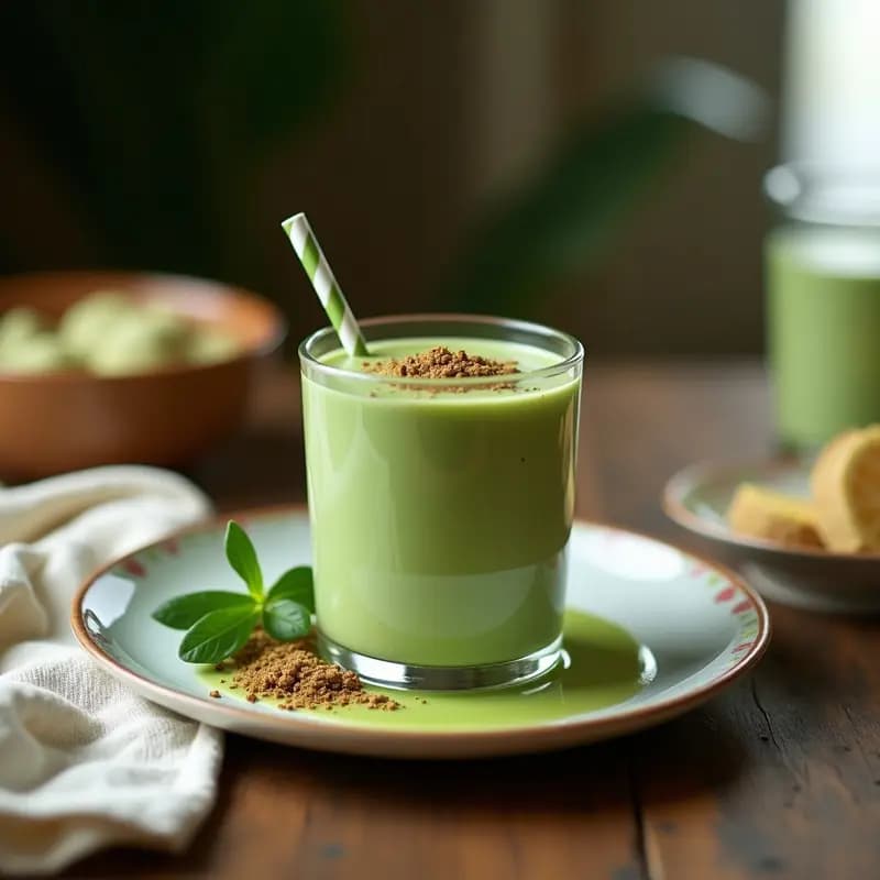 Vaso alto transparente con batido verde esmeralda de matcha y espinacas, coronado con una pizca de matcha en polvo. Fondo de madera clara con hojas de espinaca y una cucharita de bambú. Textura cremosa y burbujas en la superficie.