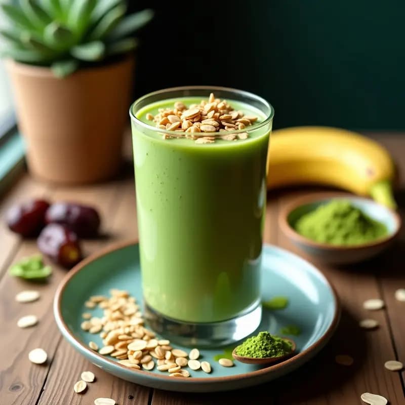 Vaso alto con batido de matcha y leche de avena, color verde pálido, coronado con granola casera dorada y crujiente. Fondo blanco con detalles de copos de avena y semillas de chía esparcidas.