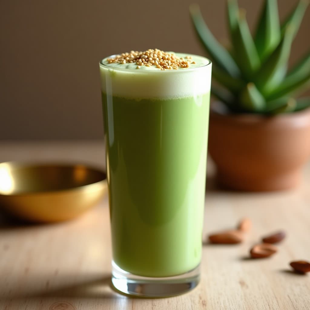 Vaso alto transparente con batido de matcha y leche de camello, color verde jade con espuma cremosa, decorado con semillas de sésamo tostadas y un toque de matcha en polvo por encima. Fondo con texturas desérticas y elementos árabes sutiles.