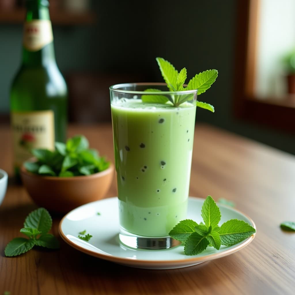 Vaso alto transparente con batido verde esmeralda de menta y pepino, decorado con hojas de menta fresca y una rodaja de pepino en el borde. Fondo de cocina tropical con luz natural, destacando la textura cremosa y los cubitos de hielo flotando. Bebida tahitiana desintoxicante con jugo de noni.
