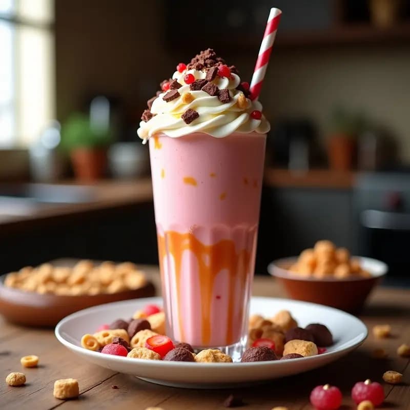Batido monstruoso en vaso alto transparente con capas de helado de fresa rosa, leche condensada cremosa, cereales con chocolate negros y gominolas de colores. Topping de nata montada, chocolate rallado y más cereales. Pajita a rayas y fondo borroso con más ingredientes.