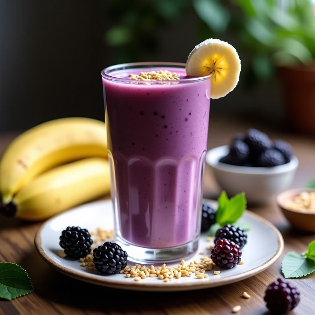 Vaso alto transparente con batido morado intenso de moras de los Andes y yogur de soja, decorado con semillas de sacha inchi y una rodaja de plátano. Fondo con hojas verdes y luz natural resaltando la textura cremosa. Bebida colombiana alta en antioxidantes.