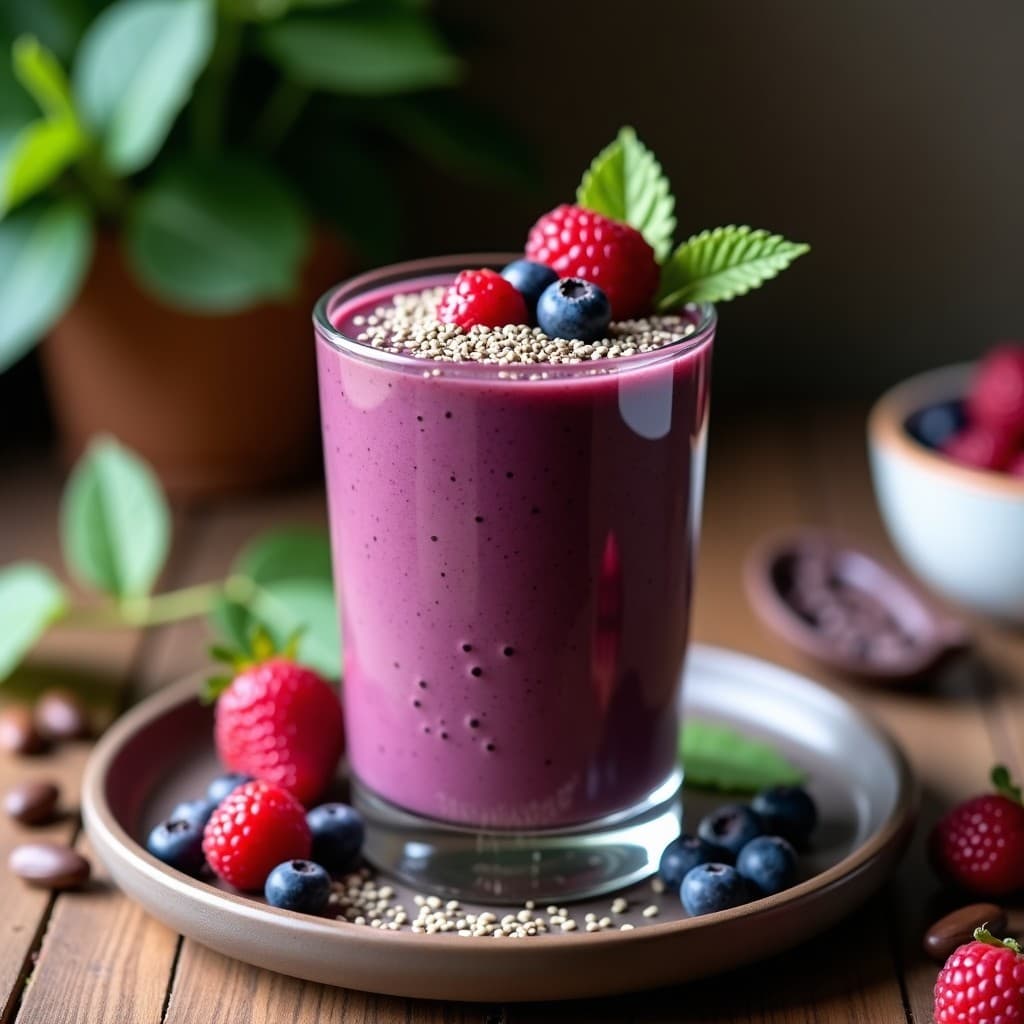 Vaso alto de cristal con batido de moras y chía con leche de árbol de cacao, decorado con semillas de chía y moras frescas, sobre fondo de madera rústica con hojas de cacao.