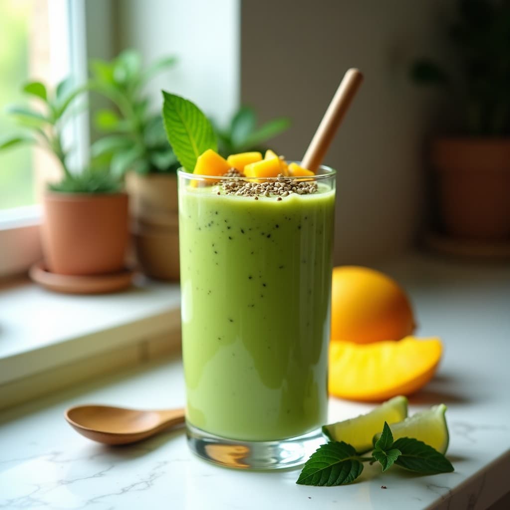 Vaso alto transparente con batido verde cremoso de moringa y mango, decorado con semillas de cáñamo, trozos de mango fresco y un toque de polvo de moringa espolvoreado. Fondo blanco con hojas de menta y rodajas de limón.