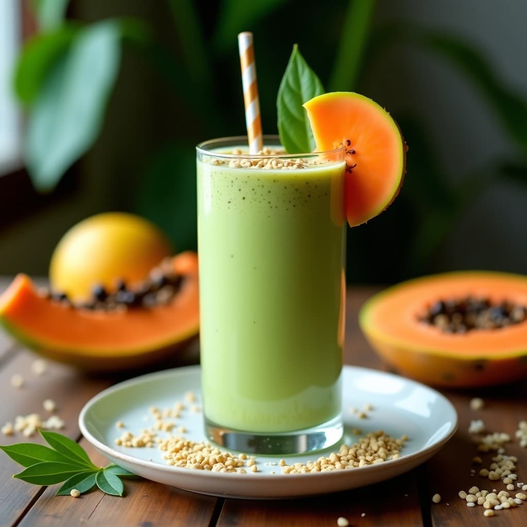 Vaso alto transparente con batido de moringa y papaya de color verde claro, decorado con semillas de cáñamo y una rodaja de papaya fresca. Fondo con hojas de moringa y coco rallado, iluminación natural que resalta la textura cremosa.