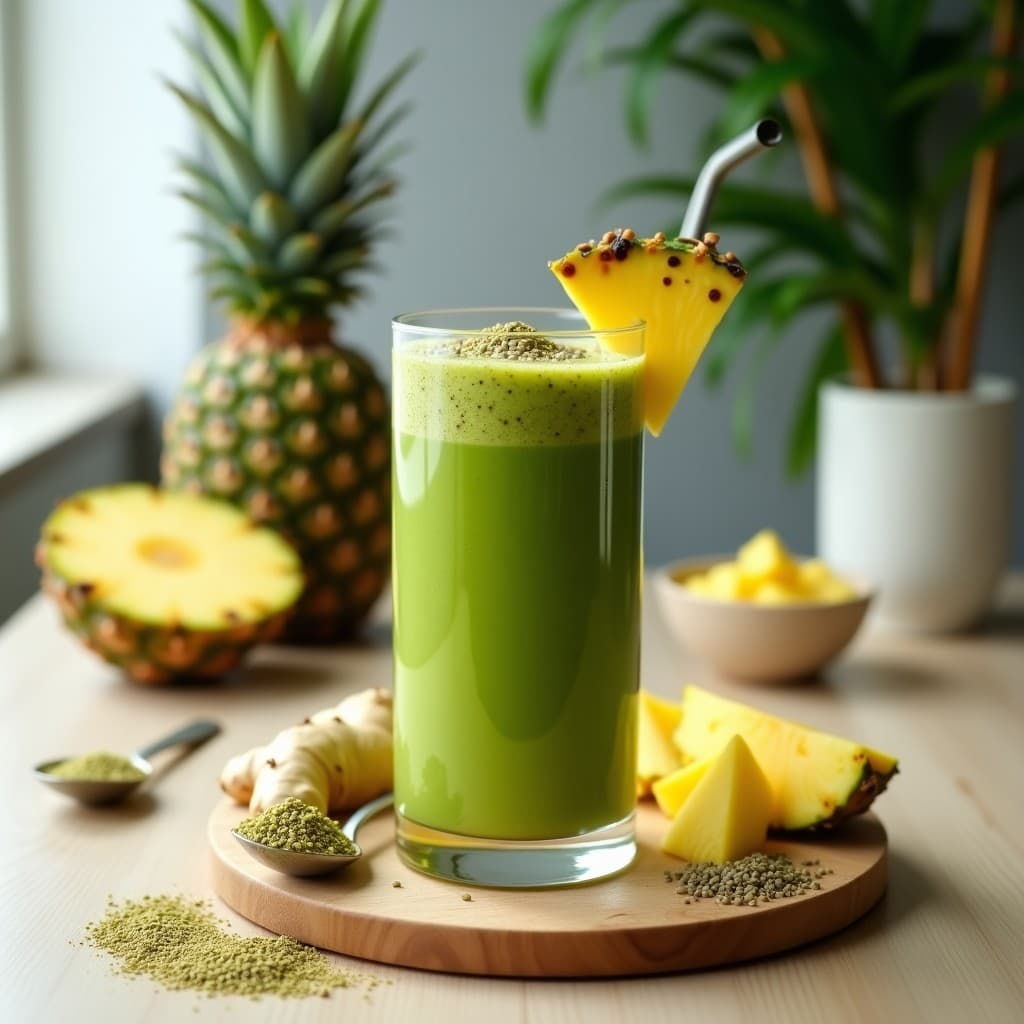Vaso alto transparente con batido verde cremoso de moringa y piña, decorado con semillas de cáñamo, rodaja de piña y polvo de moringa, sobre fondo de madera clara con ingredientes dispersos.