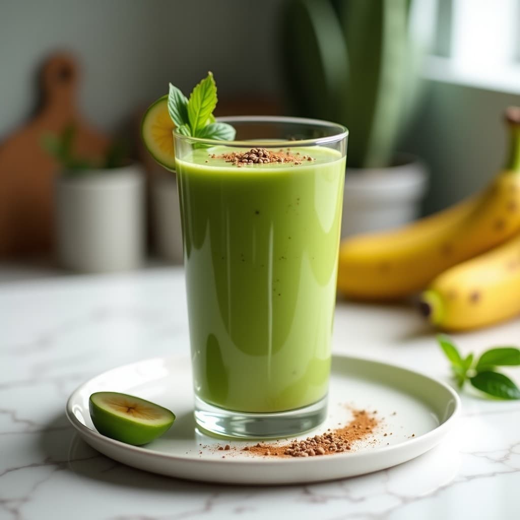 Vaso alto transparente con batido verde cremoso de moringa y plátano macho, decorado con canela en polvo y semillas de chía, sobre fondo blanco con hojas de moringa frescas.
