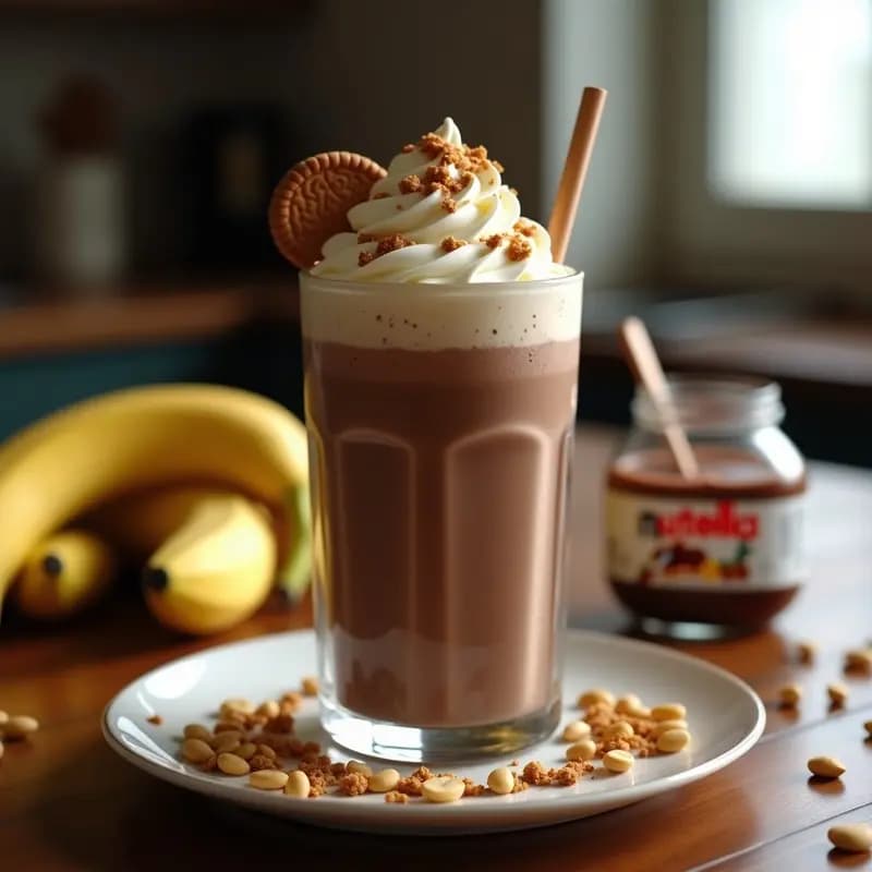Vaso alto de cristal con batido de Nutella y plátano, coronado con nata montada, trocitos de galleta María y cacahuetes tostados. Fondo desenfocado con más ingredientes como plátanos, bote de Nutella y cuchara de madera.