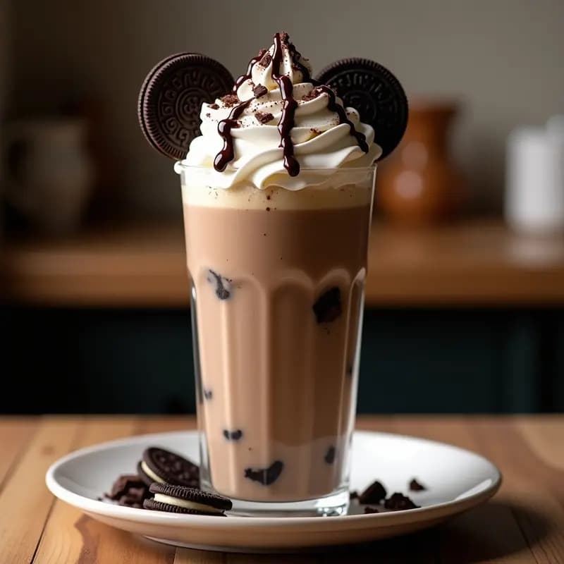 Vaso alto transparente lleno de batido de color marrón cremoso, con capas visibles de trozos de galletas Oreo y brownie. Corona de nata montada espesa decorada con sirope de chocolate, virutas de chocolate negro, azúcar glas y galletas Oreo enteras clavadas en la parte superior. Fondo borroso con textura de mesa de madera y luz cálida.