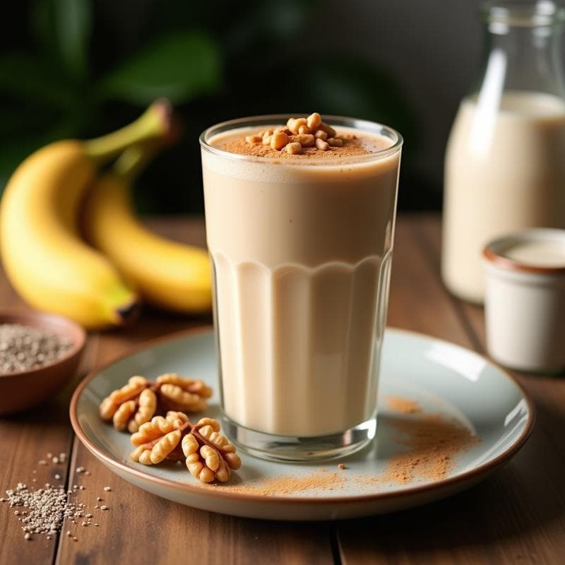 Vaso alto transparente con batido espeso de color beige claro, decorado con nueces picadas y un toque de canela en polvo por encima. Al fondo, ingredientes como plátano, semillas de chía y un tarro de pálida de trigo sarraceno. Receta de batido de pálida de trigo sarraceno con leche de avena y canela, desayuno sin gluten y energético.