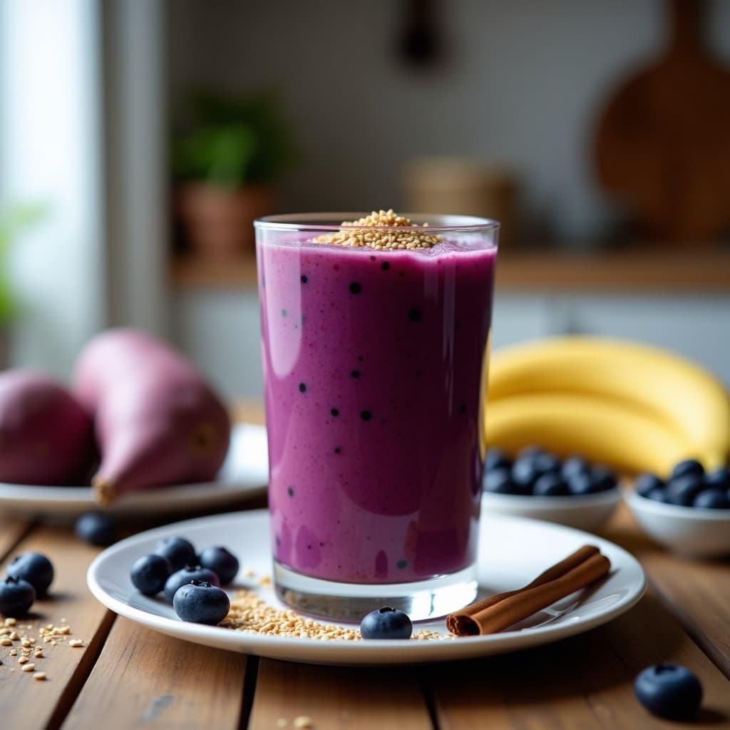 Vaso alto transparente con batido morado espeso de papa morada y arándanos, decorado con semillas de lino y una pizca de canela. Fondo rústico con ingredientes dispersos: arándanos, plátano y papa morada cortada.