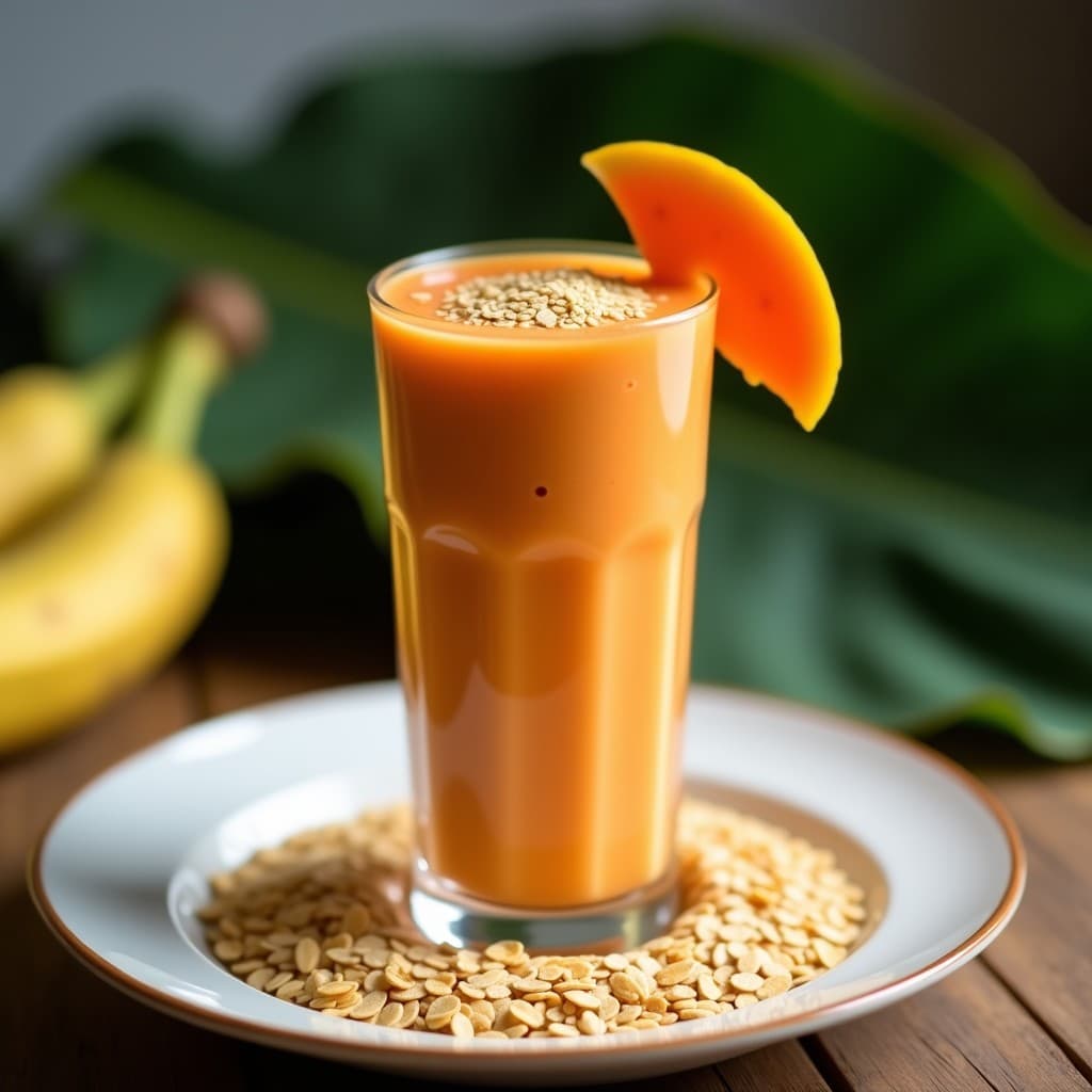 Vaso alto transparente con batido espeso de color naranja claro, decorado con semillas de lino dorado y una rodaja de papaya fresca en el borde. Fondo con hojas de plátano y luz natural, destacando la textura cremosa del batido colombiano para el tránsito intestinal.