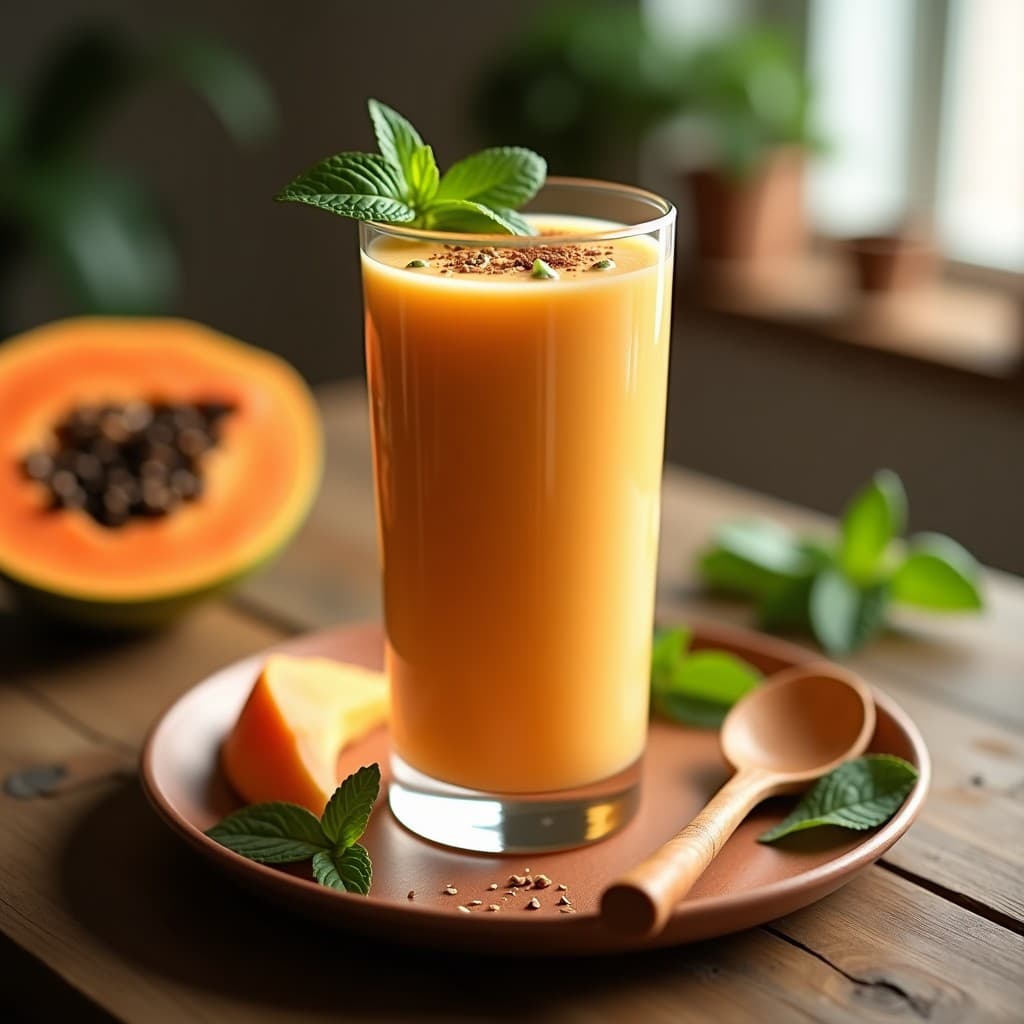 Vaso alto transparente con batido cremoso de color naranja claro, decorado con semillas de cárdamo y una pizca de canela. Fondo con hojas de menta y rodajas de papaya fresca. Bebida ayurvédica para la digestión.