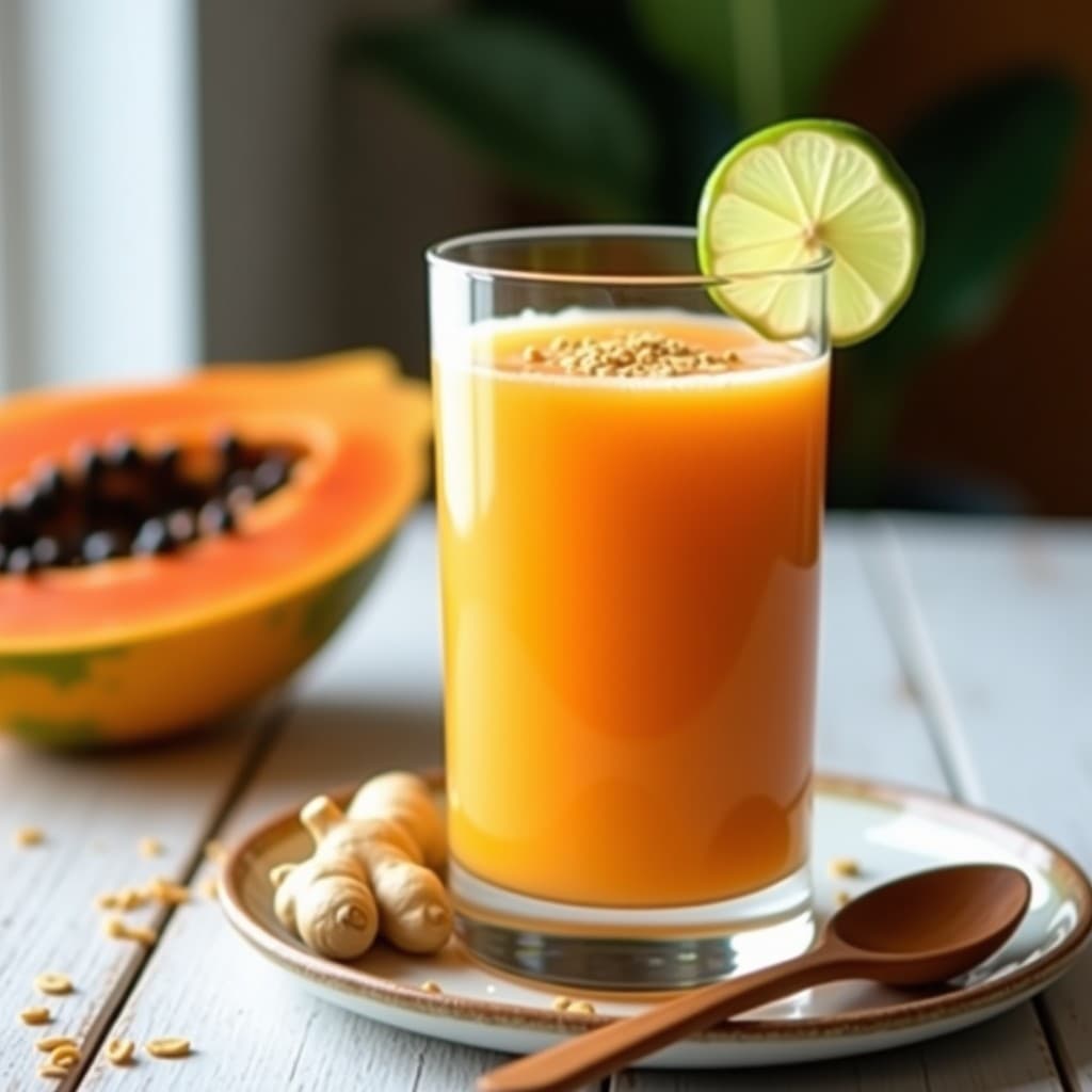Vaso alto transparente con batido de papaya y linaza con jengibre, de color crema anaranjado, decorado con una rodaja de limón y semillas de linaza espolvoreadas. Fondo con ingredientes naturales: papaya en trozos, jengibre y cuchara de madera sobre mesa rústica de madera clara.