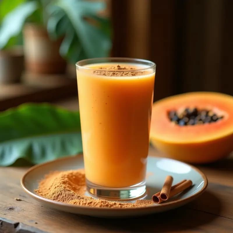 Vaso alto transparente con batido de papaya y semillas de linaza con canela, bebida colombiana energizante, decorado con rodaja de limón y rama de canela, sobre fondo rústico de madera con semillas de linaza esparcidas.