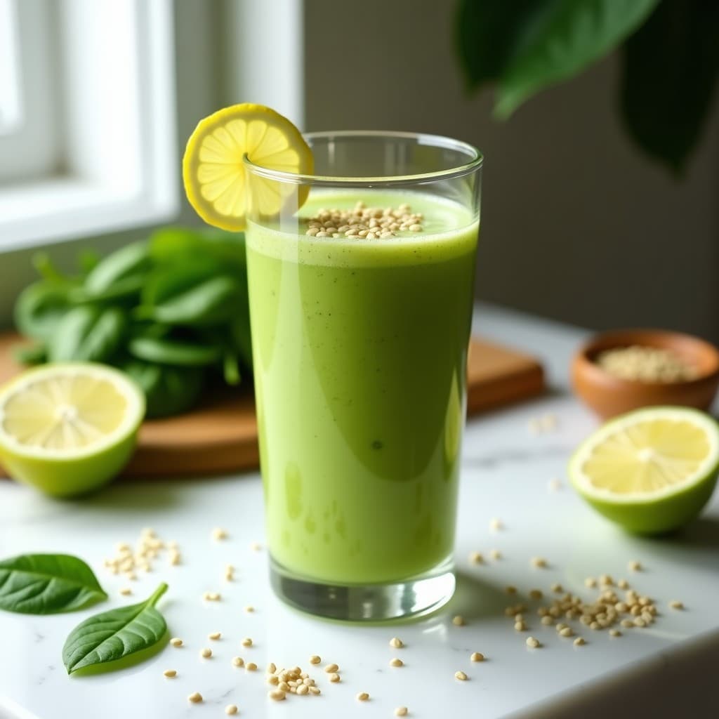 Vaso alto transparente con batido verde cremoso de péptidos de cítricos y jengibre, decorado con semillas de cáñamo y rodaja de jengibre fresco. Fondo blanco con hojas de espinaca y limón verde. Bebida keto energizante y detox.