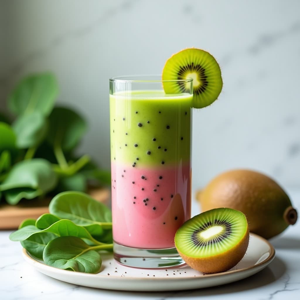 Vaso alto transparente con batido de pitahaya y kiwi con espinacas, de color rosa pálido con tonos verdes, decorado con rodajas de pitahaya blanca y semillas de sésamo tostadas. Fondo claro con hojas de espinaca y trozos de kiwi alrededor.