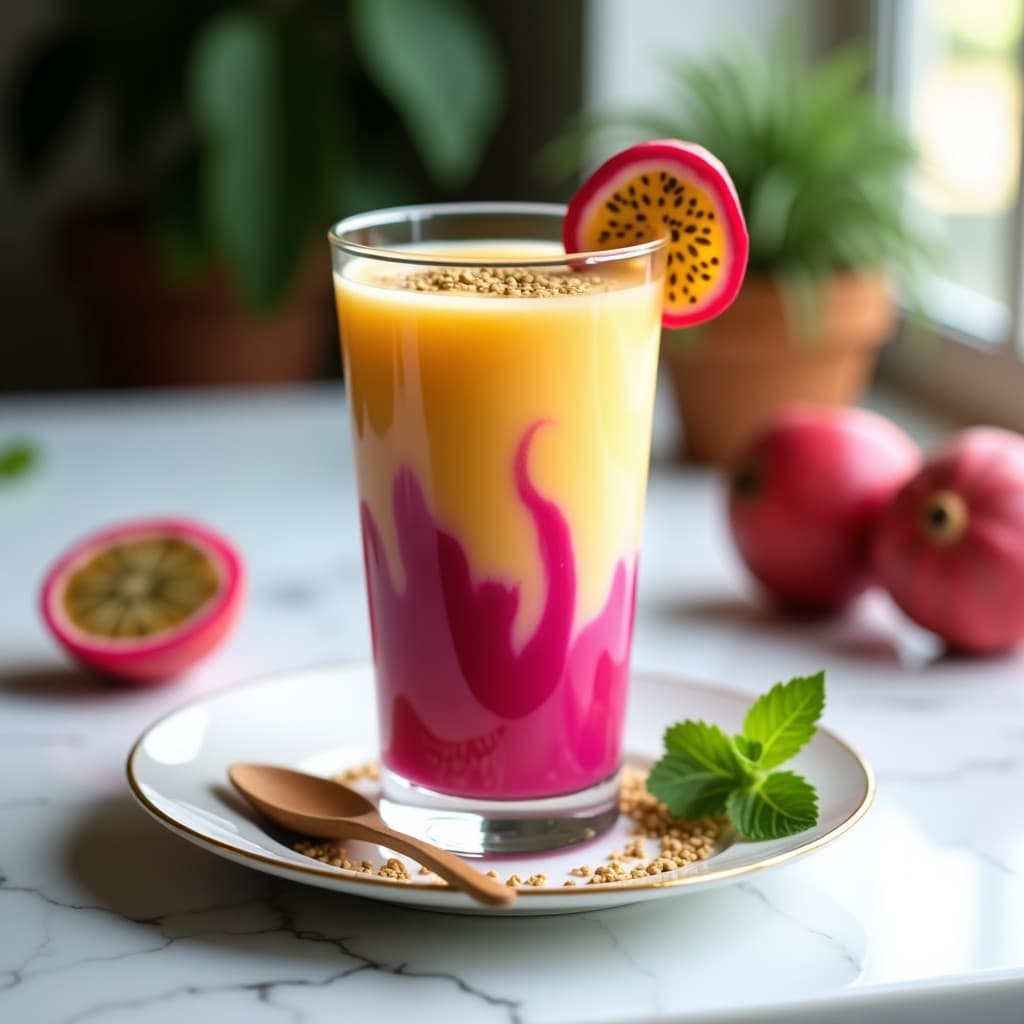 Vaso alto transparente con batido de pitahaya y maracuyá, de color rosa pálido con vetas amarillas, decorado con semillas de cardamomo y una rodaja de pitahaya en el borde. Fondo blanco con hojas verdes y gotas de agua.