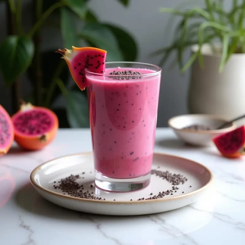 Vaso alto transparente con batido de pitahaya roja y yogur de soja, de color rosa vibrante, decorado con semillas de chía y una rodaja de pitahaya. Fondo blanco con detalles de fruta fresca.