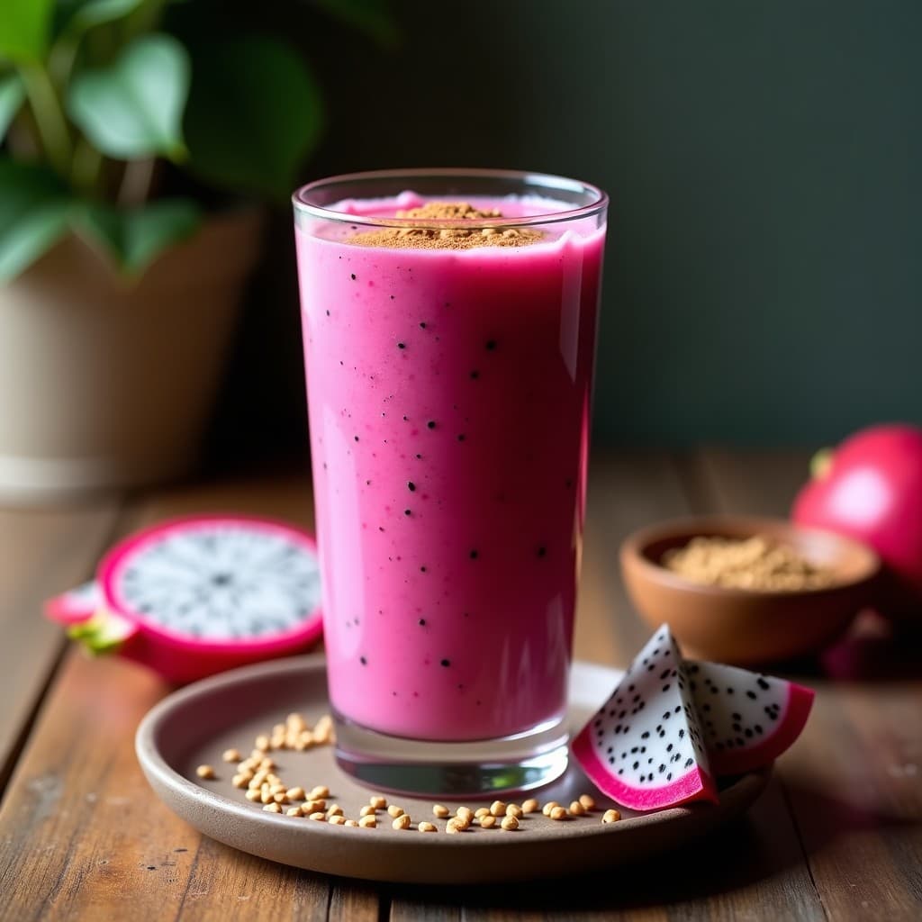 Vaso alto transparente con batido rosa vibrante de pitahaya y sacha inchi, decorado con semillas tostadas y canela en polvo, sobre fondo de madera rústica con hojas de pitahaya al lado.