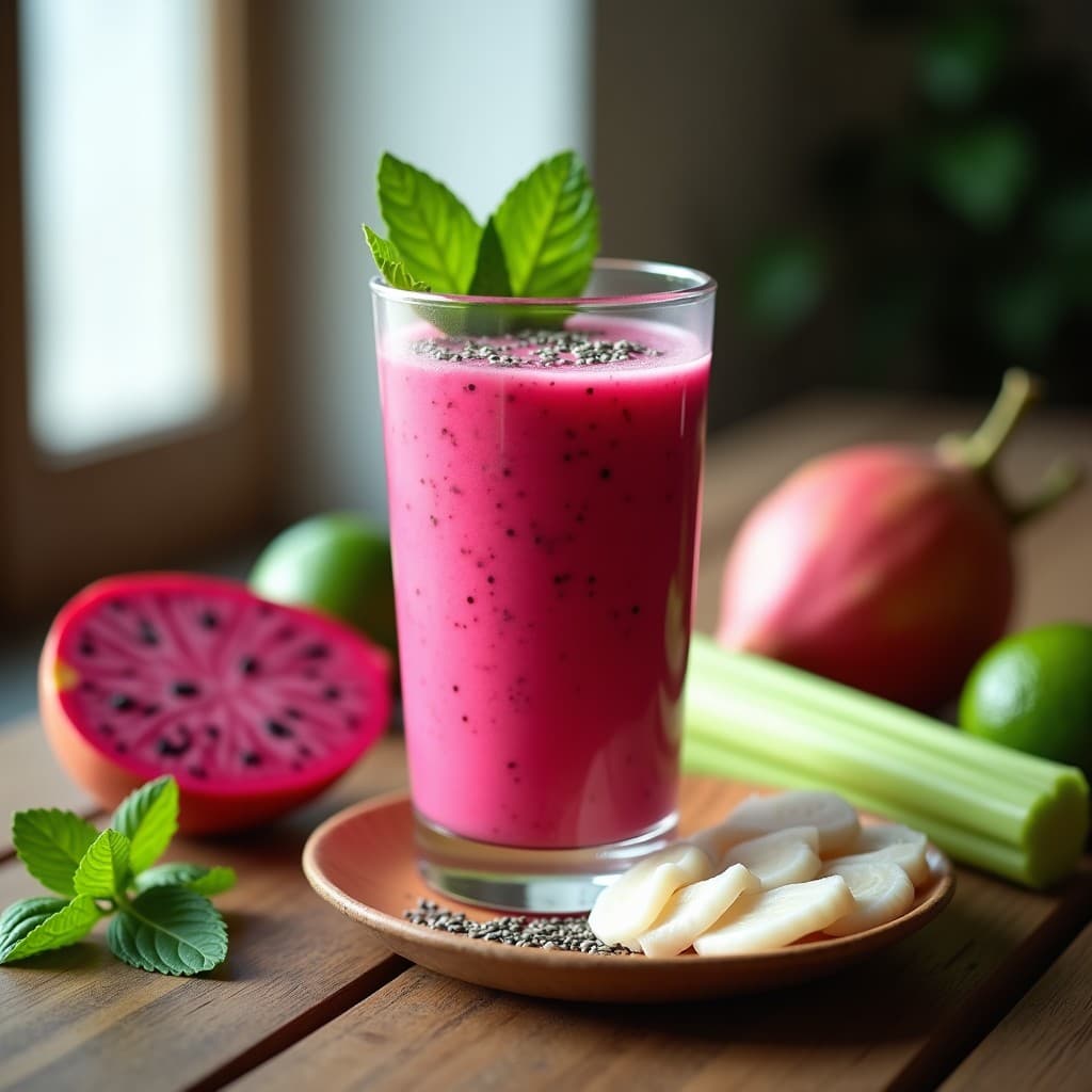 Vaso alto transparente con batido de pitaya y leche de tigre, de color rosa vibrante con tonos naranjas, decorado con semillas de chía y hojas de menta fresca. Fondo con ingredientes como pitaya cortada, limones verdes y ramitas de apio sobre una mesa de madera rústica.