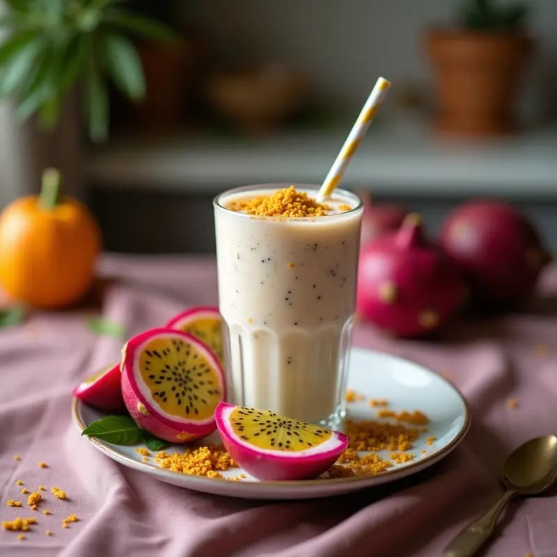 Vaso alto transparente con batido de pitaya y maracuyá en capas rosas y amarillas, decorado con semillas de chía y coco rallado. Bebida tropical antioxidante lista para servir con pajita.