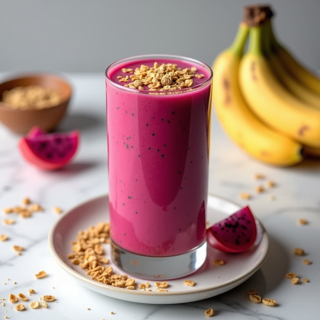 Vaso alto transparente con batido rosa vibrante de pitaya roja y leche de avena, coronado con granola crujiente y semillas de chía. Fondo claro con ingredientes dispersos: rodajas de plátano, granola y pulpa de pitaya.