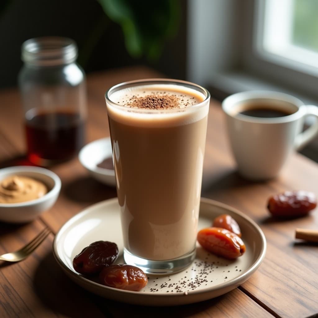 Vaso alto transparente con batido de proteína de café y dátiles, textura cremosa y color marrón oscuro, decorado con una pizca de canela y semillas de chía. Fondo con ingredientes dispersos: dátiles, cacahuetes y granos de café.