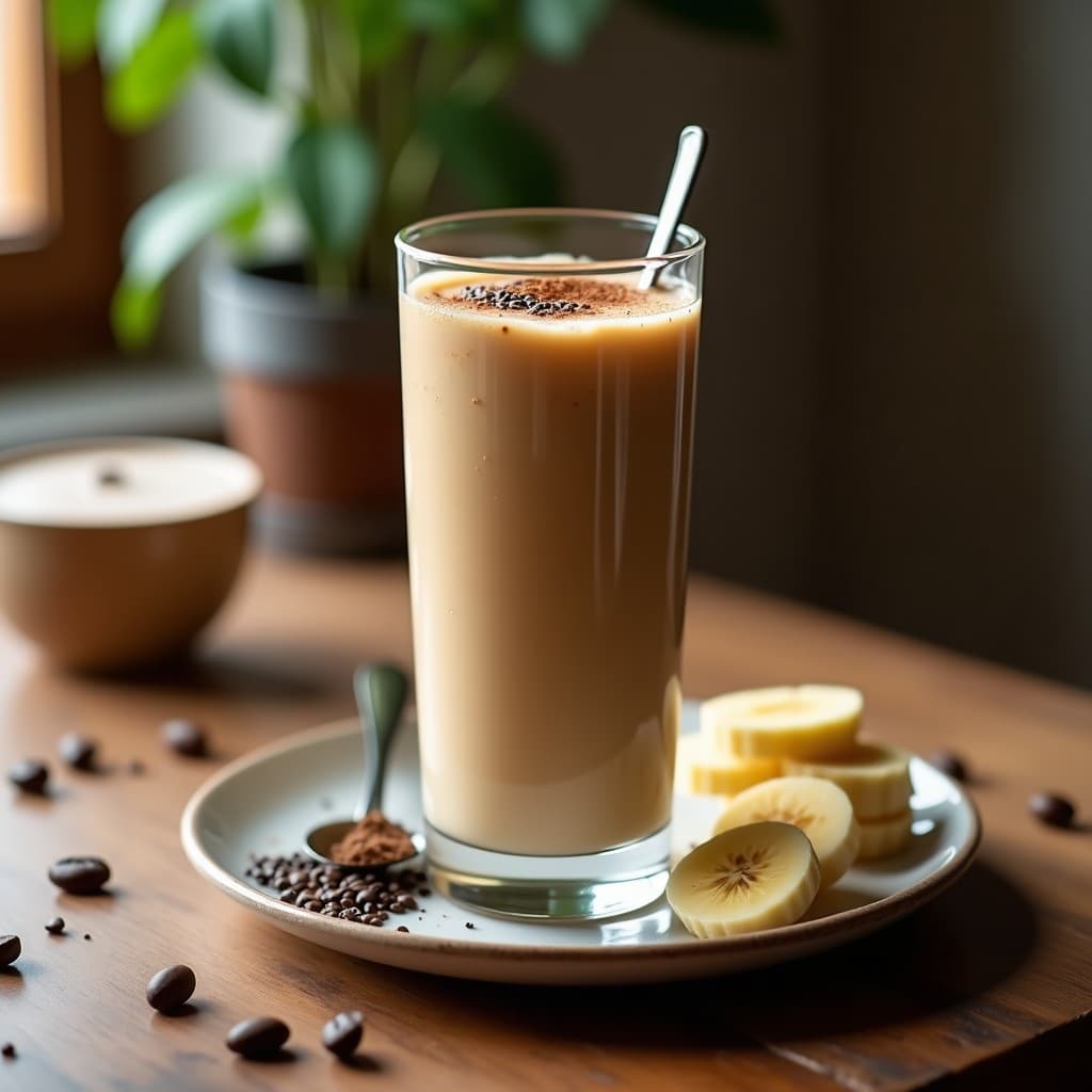 Vaso alto de cristal con batido de proteína de café y plátano keto, espuma cremosa en la superficie, decorado con una pizca de canela y una rodaja de plátano fresco. Fondo con ingredientes: granos de café, plátano y polvo de proteína.