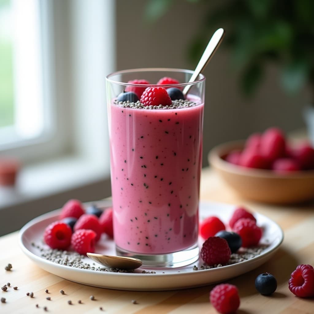 Vaso alto transparente con batido de proteína de cáñamo y frutos rojos, de color morado intenso, decorado con semillas de chía y frambuesas frescas. Fondo claro con detalles de ingredientes esparcidos: cáñamo, canela y jengibre.
