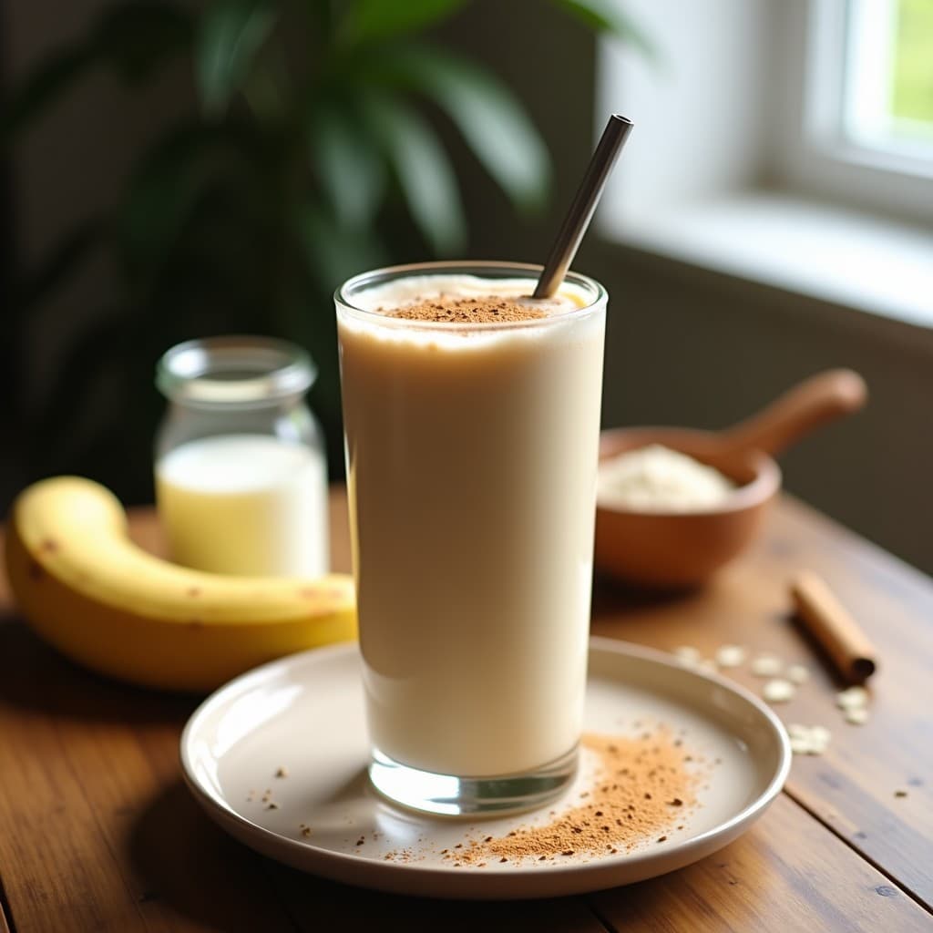 Batido espeso de color beige claro en vaso transparente con pajita de acero, decorado con semillas de cáñamo y canela en polvo. Fondo con ingredientes: plátano, proteína en polvo y leche de avena. Receta de batido vegano post-entreno con proteína de guisantes y canela.