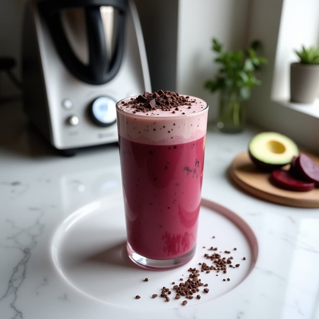 Vaso alto transparente con batido de remolacha roja y chocolate negro keto, espuma cremosa en la superficie, decorado con semillas de chía y virutas de chocolate negro 90%, fondo de cocina moderna con Thermomix.