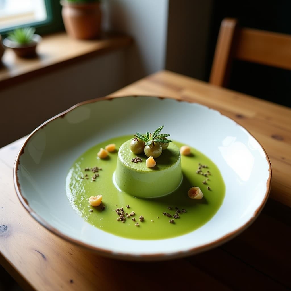 Vaso alto transparente con batido verde esmeralda de spirulina y leche de rosemary, coronado con hielos de maracuyá amarillo intenso y una rama de romero fresco. fondo claro con gotas de agua condensada en el vaso.