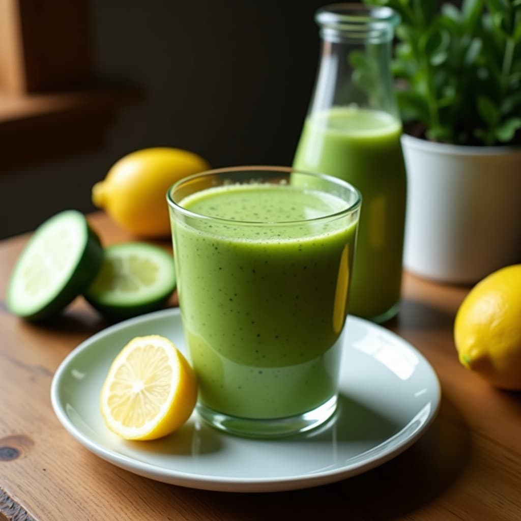 Vaso alto transparente con batido verde esmeralda de spirulina, pepino y limón, coronado con hojas de menta y servido con una pajita de bambú sobre una mesa rústica de madera con limones y coco al fondo, bebida detox alta en nutrientes.