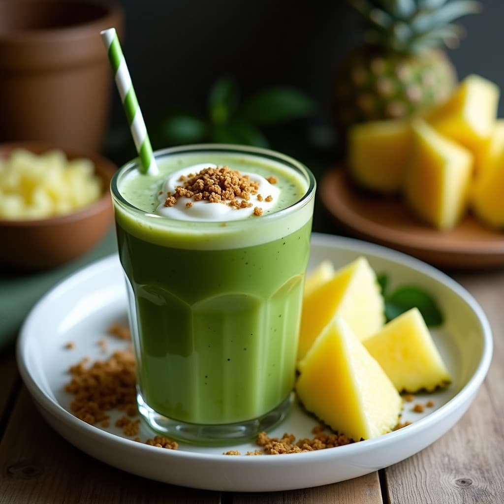 Vaso alto transparente con batido verde azulado de spirulina, piña y coco, decorado con coco rallado y semillas de chía, sobre fondo de madera clara con trozos de piña fresca y una cucharita de madera.