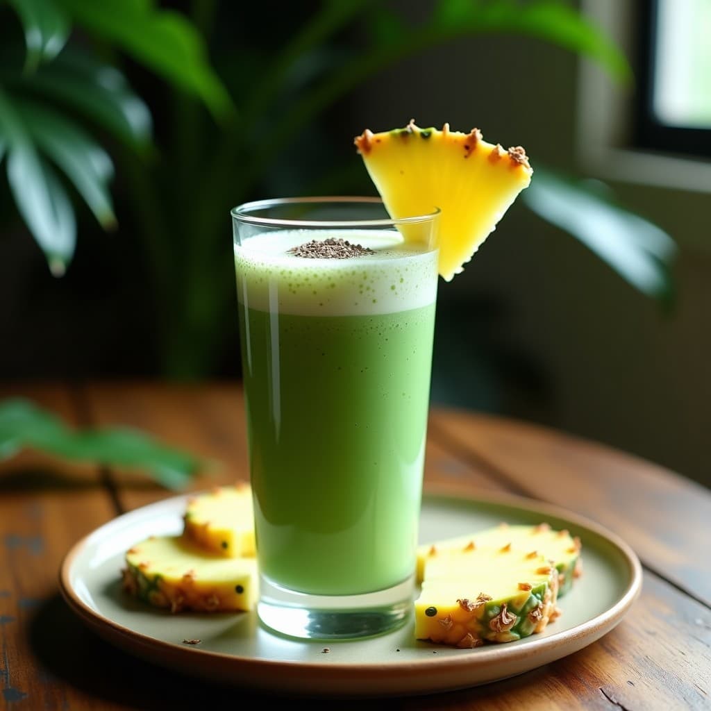 Vaso alto transparente con batido verde esmeralda de spirulina y piña, coronado con espuma cremosa de leche de caan, decorado con una rodaja de piña y semillas de chía. Fondo con hojas tropicales y luz natural.