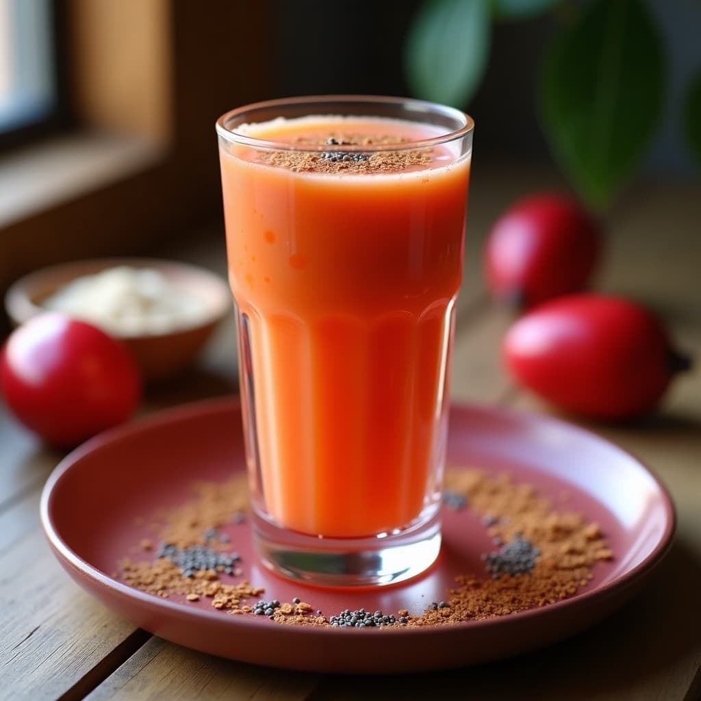 Vaso alto transparente con batido de tamarillo y avena, de color naranja intenso con vetas cremosas, decorado con semillas de chía y una pizca de canela. Fondo rústico con tamarillos enteros y hojuelas de avena esparcidas.