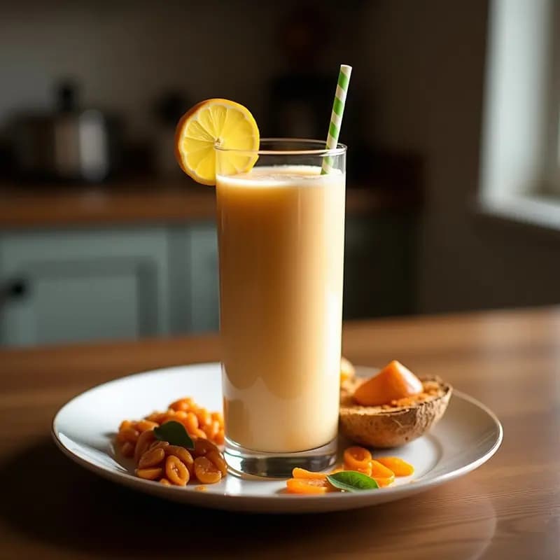 Vaso alto transparente con batido de tamarindo y leche de coco, color beige cremoso con vetas oscuras, decorado con hojas de menta fresca y semillas de sésamo tostadas en el borde. Fondo con textura de madera y luz natural.