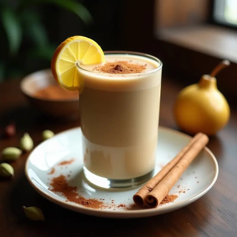 Vaso alto de cristal con batido cremoso de color beige claro, coronado con una pizca de canela en polvo y una rodaja de jengibre fresco. al fondo, especias de chai (cardamomo, clavo y canela) esparcidas sobre una superficie de madera oscura. Bebida india alta en proteína sin azúcar.