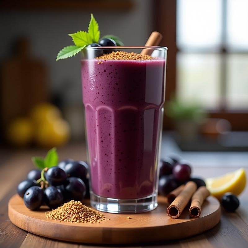 Vaso alto de cristal con batido morado oscuro de uvas negras, semillas de lino y canela, decorado con una pizca de canela en polvo y semillas de lino espolvoreadas. Fondo blanco con uvas negras y una cuchara de madera.