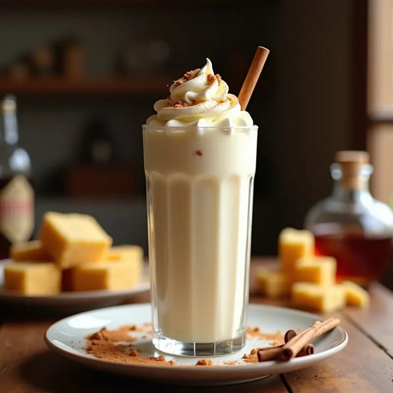 Vaso alto de cristal repleto de batido cremoso de vainilla con trozos visibles de bizcocho borracho empapado en licor, coronado con un espolvoreado de canela y un chorrito de nata líquida. Fondo borroso de cocina con ingredientes dispersos: helado de vainilla, botella de licor de café y bizcocho en cubos. Receta de batido de vainilla, leche entera y bizcocho borracho para adultos.