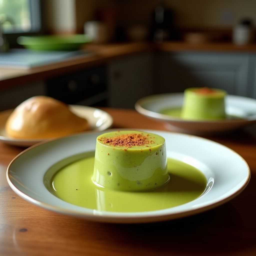 Vaso alto de cristal con batido verde espumoso de apio y manzana, decorado con una rodaja de limón y semillas de chía en la superficie. Fondo con ingredientes frescos: tallos de apio, manzana verde, espinacas y jengibre.