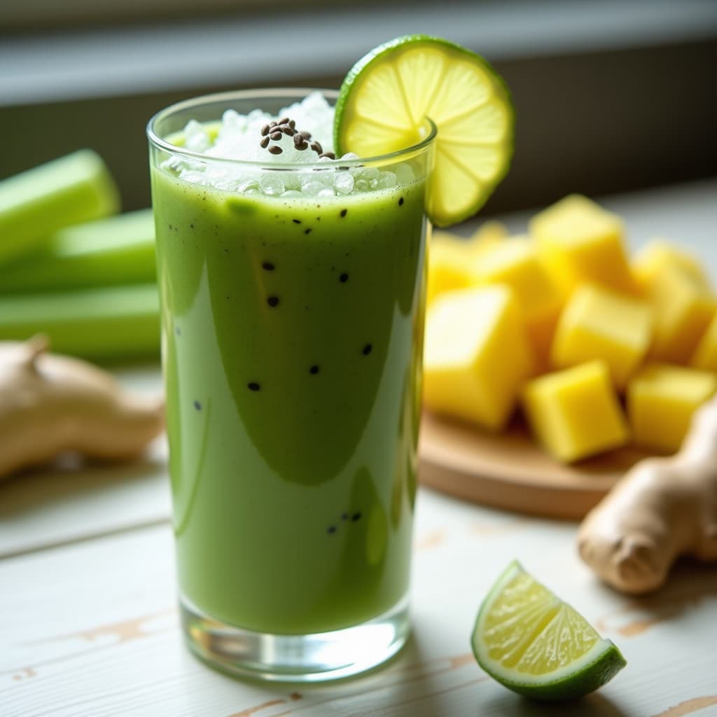 Vaso alto transparente con batido verde detox de espirulina y piña, servido con hielo y decorado con una rodaja de limón y semillas de chía. Fondo claro con ingredientes frescos como apio, piña y jengibre.