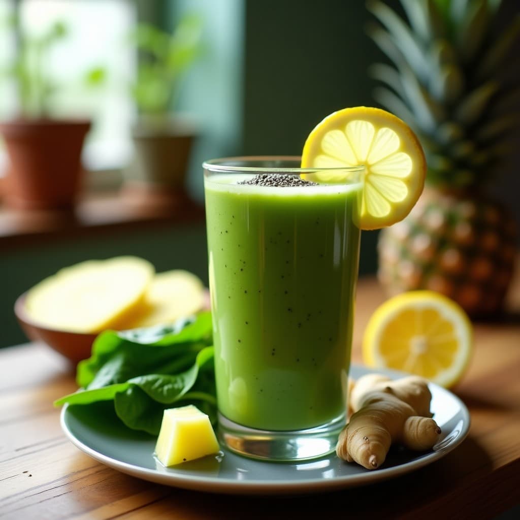 Vaso alto transparente con batido verde vibrante, decorado con una rodaja de limón y semillas de chía, sobre fondo de madera con ingredientes frescos como espinacas, piña y jengibre alrededor.
