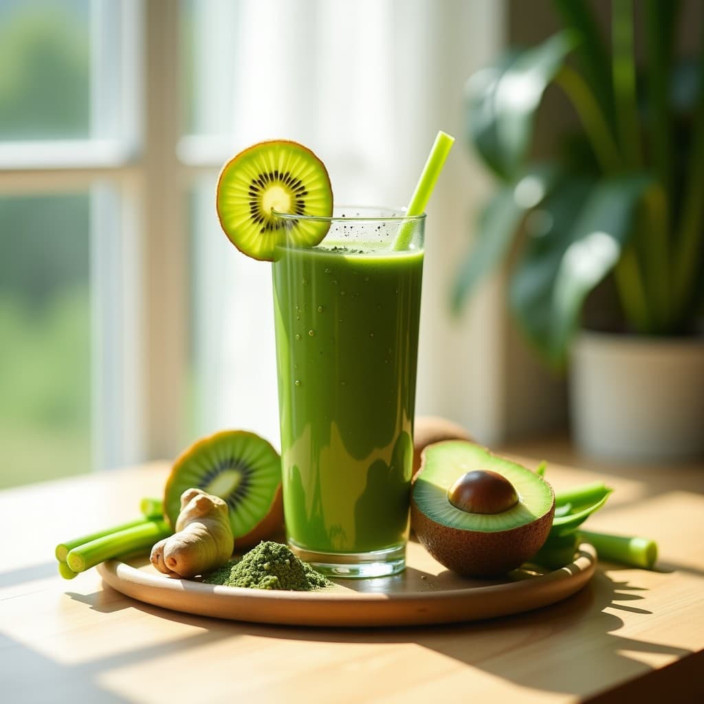 Vaso alto de cristal con batido verde espeso de espirulina, kiwi y jengibre, decorado con una rodaja de kiwi y semillas de cáñamo, sobre fondo claro con ingredientes frescos alrededor: kiwis cortados, tallos de apio, aguacate y jengibre.