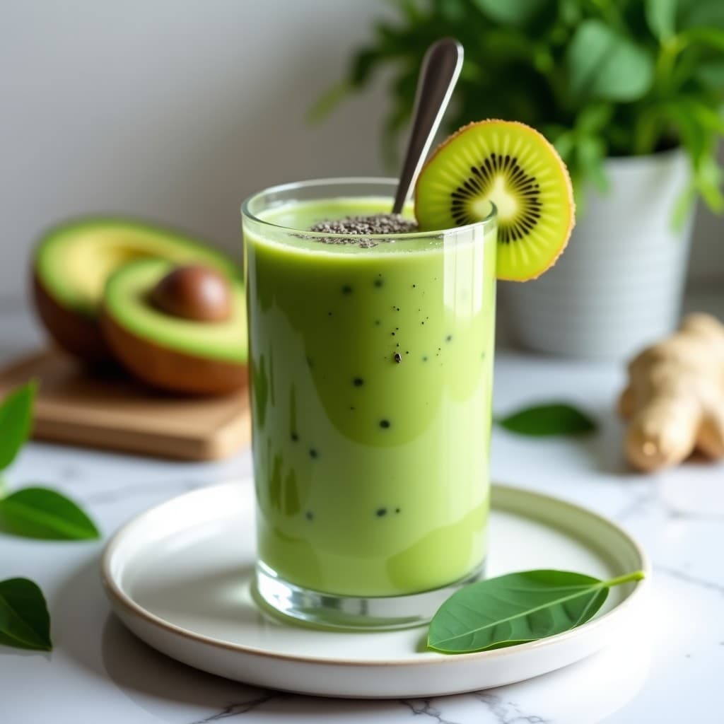 Vaso alto transparente con Batido Verde de Kiwi y Espinacas Keto, de color vibrante entre verde y crema, decorado con una rodaja de kiwi y semillas de chía en la superficie. Fondo minimalista con hojas de espinacas y un kiwi cortado por la mitad.
