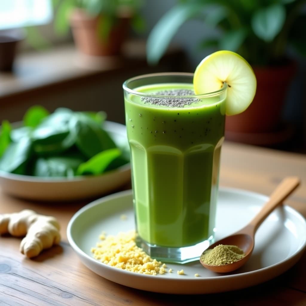 Vaso alto transparente con batido verde cremoso, decorado con semillas de chía y rodajas de manzana verde. Fondo con espinacas frescas y un toque de jengibre rallado, receta de desayuno energético y detox con proteína de cáñamo.